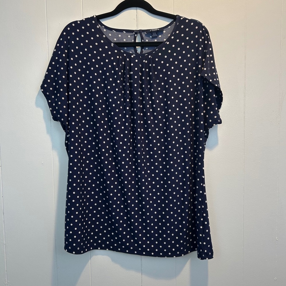 Chaps Womens XL Navy White‎ Polka Dot Pleated Neck Short Sleeve Blouse Top